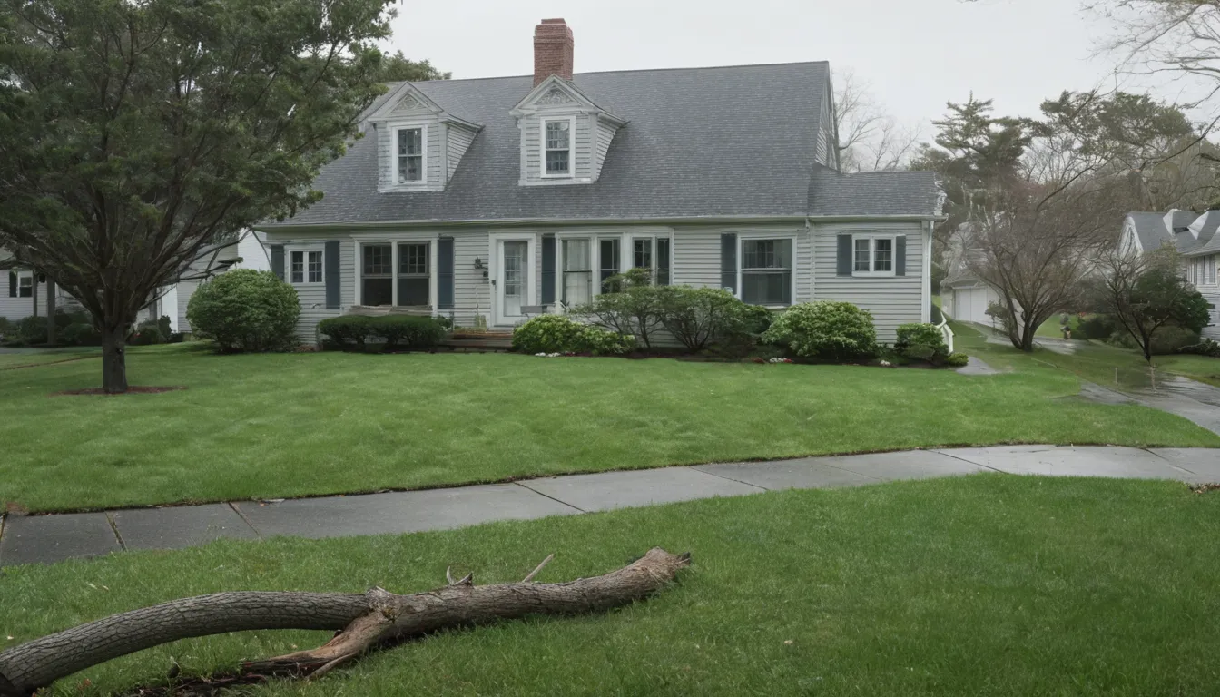 Homeowner looking at a fallen tree branch in a yard in Yonkers