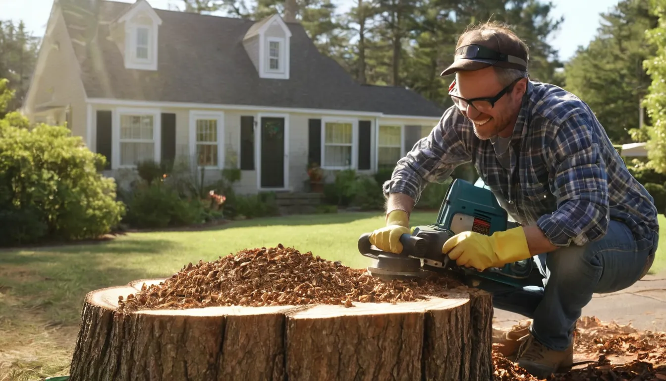 Stump grinder working on an old tree stump in a Yonkers backyard